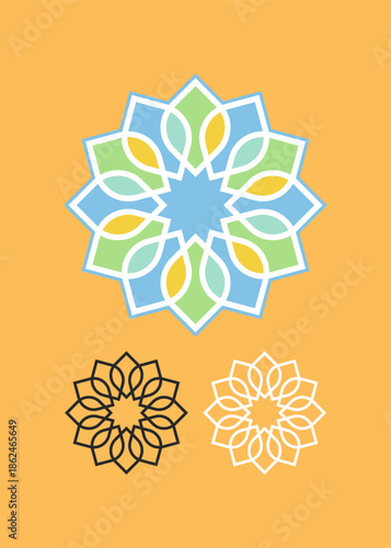 A vibrant ten point star icon with a layered petal motif. The interlocking lines and bright palette represent unity, growth, and structured organic harmony.