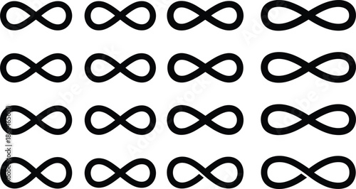 Seamless vector pattern of infinity loop symbols in black outline style representing endless continuity, eternity, and limitless abstract design.