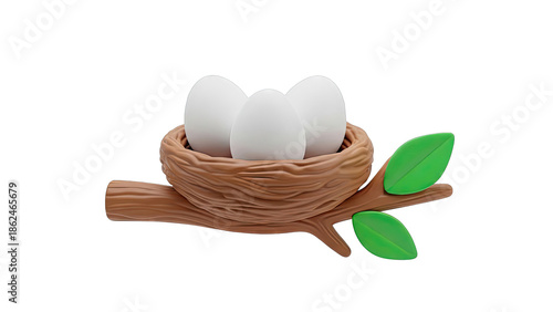 Nest with Three White Eggs on a Branch with Green Leaves