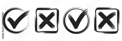 Dirty Grunge Hand Drawn with Brush Strokes Cross X and Tick OK Check Marks V Vector Illustration Set, Isolated on White Background, Featuring Check Mark Symbols, NO and YES Buttons, Voting Icons, Web 