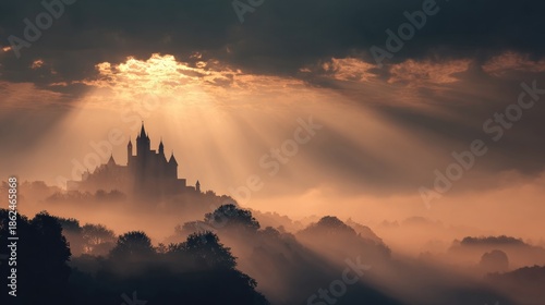Dramatic landscape of castle silhouette bathed in sunlight against a moody sky