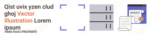 Data management, cloud computing, billing systems, digital transformation, business technology, secure storage. Graphics of text, server icon and digital invoice template. Data management and cloud