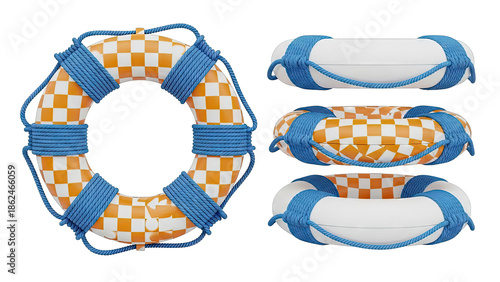 Orange and White Checkered Life Buoy and Rings with Blue Rope