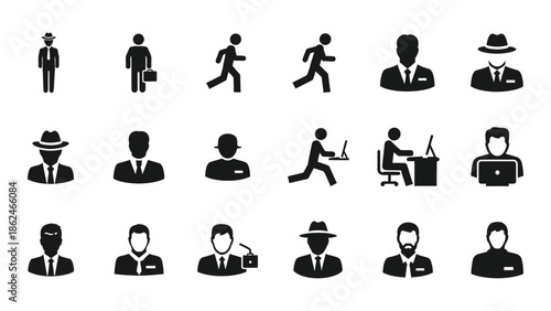Simple black and white icons depicting various people and their actions