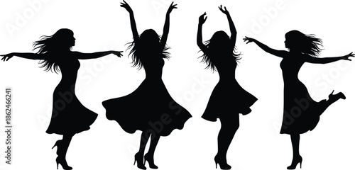 Elegant female dancer silhouettes celebrating freedom and movement, modern women dancing in high heels, stylish black silhouettes isolated on white background