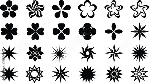 Abstract flower and star silhouette icon set illustration with geometric floral shapes, decorative black vector symbols for modern graphic design projects