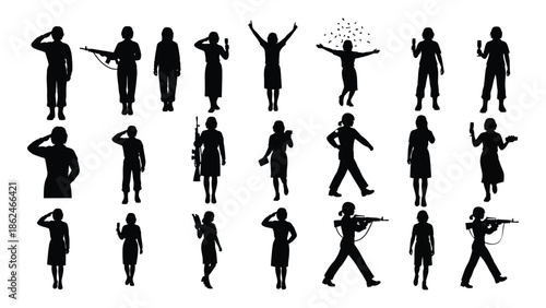 Silhouettes of people in various poses including soldiers and celebrating figures