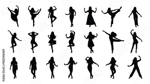 Collection of diverse silhouettes depicting various ballet and dance poses