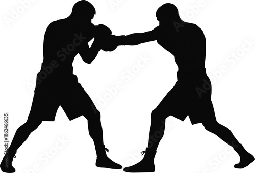 Boxing fighters silhouettes in combat action pose isolated on white background, strength, competition, training, power, endurance, martial sport concept illustration