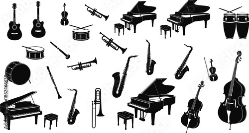 Black Musical Instruments Silhouette Set with Piano Guitar Violin Saxophone Trumpet Drum Icons, Orchestra and Band Music Elements Isolated on White