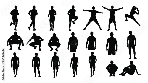 Silhouettes of people in various dynamic poses and activities shown in black