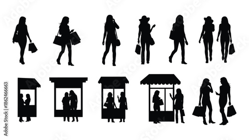 Silhouettes of people shopping standing and interacting in a public space