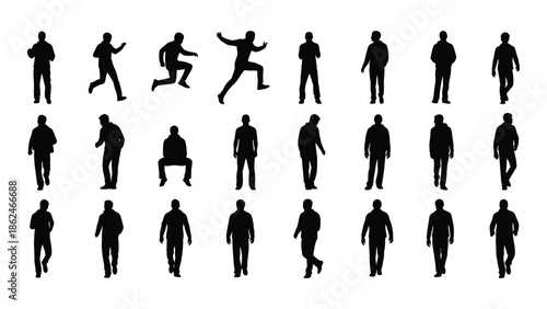 Silhouettes of people in various dynamic poses and walking positions