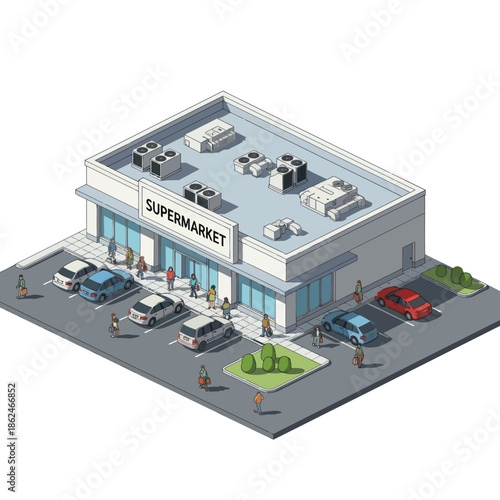 Isometric supermarket building with parking lot.