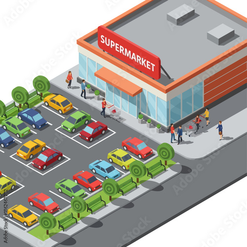 Supermarket Building with Parking Lot and Cars.