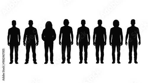 A row of silhouetted figures standing side by side on a white background