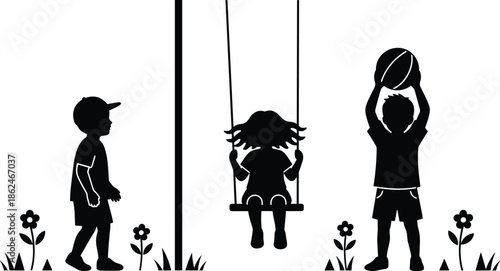 Children silhouettes playing outdoors in playground scene, kids swinging and playing with ball, happy childhood activity concept, black silhouettes isolated on white background