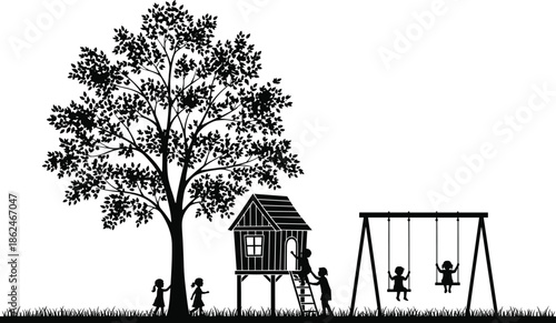 Children playing in backyard playground silhouette with treehouse and swings, happy childhood outdoor activity scene, family lifestyle illustration isolated on white background