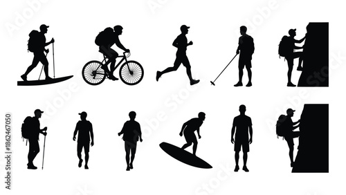 Silhouette illustrations depicting various outdoor recreational activities and human figures