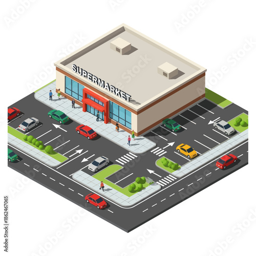 Isometric View of Supermarket with Parking.