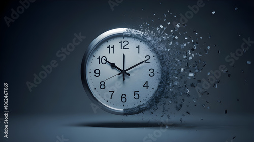 Wallpaper Mural Realistic wall clock dissolving into floating digital particles and light fragments, frozen motion, dark gradient background, dramatic lighting, ultra sharp focus, high resolution stock photography Torontodigital.ca