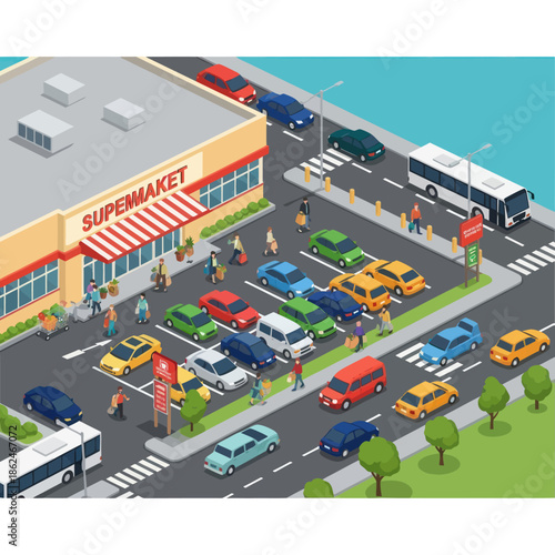 Busy Supermarket Parking Lot Scene with Vehicles.