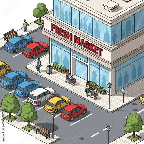 Isometric View of Modern Fresh Market Building.