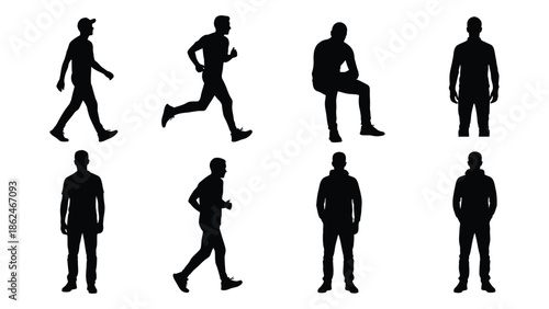 Silhouettes of people in various poses walking running sitting and standing