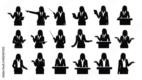 Silhouettes of business people in various professional poses and interactions