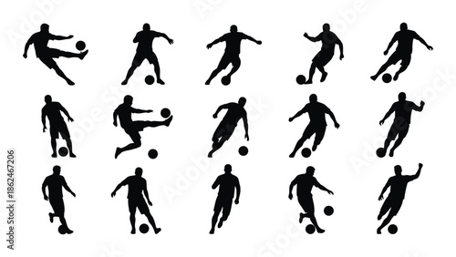 Silhouettes of people playing soccer in various dynamic action poses