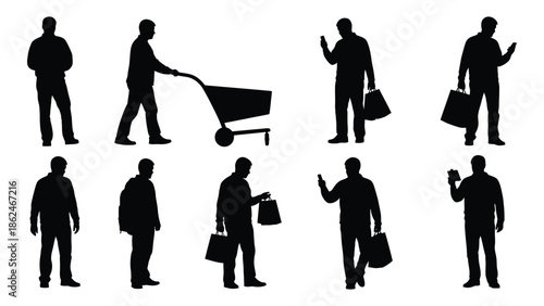 Silhouettes of people in various poses including shopping and everyday actions
