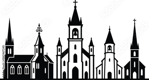 Church building silhouette illustration set with different Christian cathedral and chapel designs in black and white for religion architecture and city skyline use