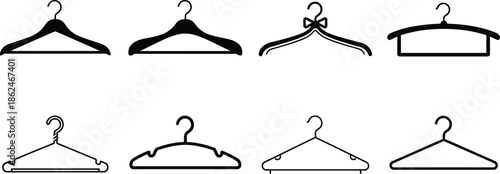Clothes Hanger Silhouette Icons Set Featuring Different Wardrobe, Closet and Clothing Hanger Designs for Retail, Laundry and Fashion Use