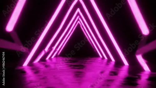 Vibrant pink neon lights form triangular patterns in a dark futuristic tunnel with shiny floor and abstract reflections.