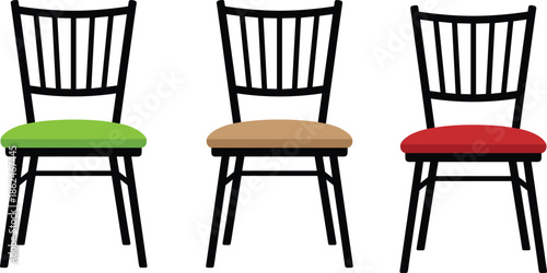 Colorful wooden chair set with green brown and red cushions, modern furniture seating collection isolated on white background vector illustration