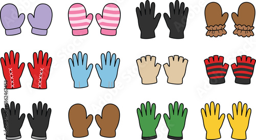 Colorful Winter Gloves and Mittens Vector Illustration Set, Cartoon Handwear Icons Collection for Fashion, Clothing, Cold Weather Design