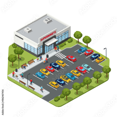 Isometric View of Supermarket Parking Lot Scene.