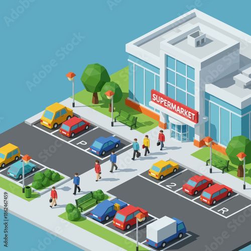 Isometric Supermarket Building with Parking Lot.