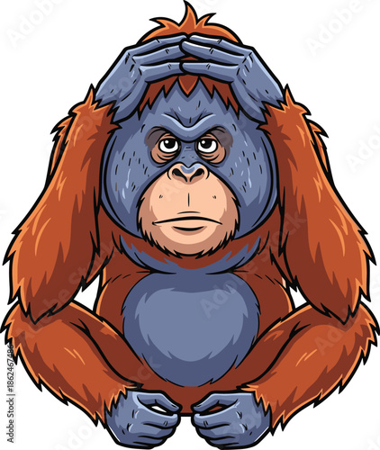 Serious cartoon orangutan illustration sitting with hands on head in thoughtful pose, perfect for wildlife mascot or educational design.