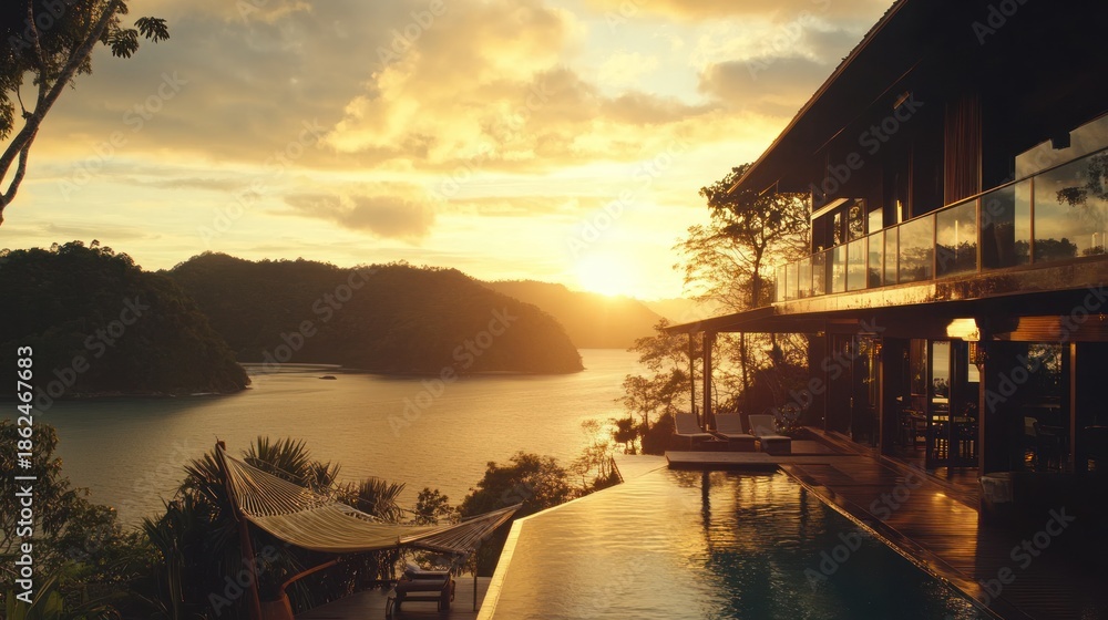 Fototapeta premium Luxury house sunset ocean view infinity pool tropical landscape