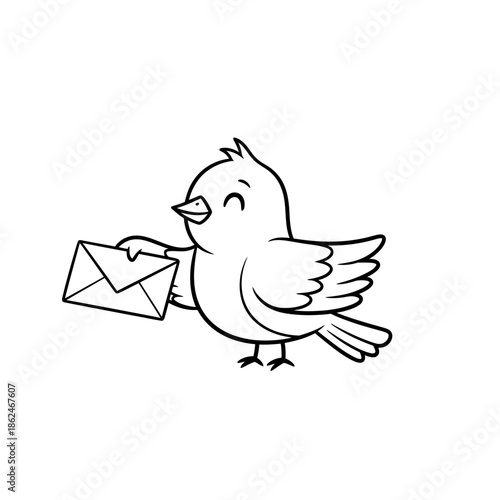 Cute Cartoon Bird Delivering Mail Line Art Illustration.