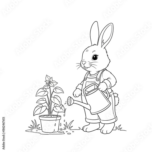 Cute Bunny Rabbit Watering a Potted Plant Coloring Page.