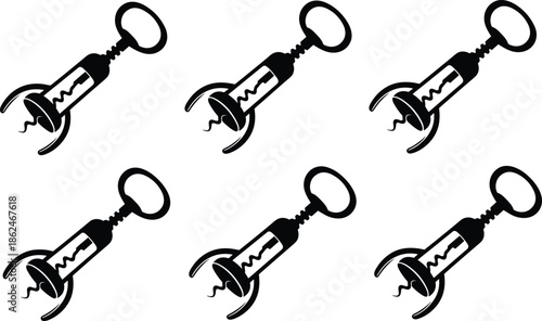 Corkscrew Opener Silhouette Set, Black Vector Illustration of Wine Bottle Openers in Simple Minimal Flat Icon Design Isolated on White