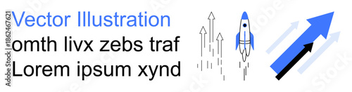Business growth, innovation, progress, startup strategy, success, forward thinking. Rocket launching alongside upward arrows and placeholder text in modern design. Business growth and innovation