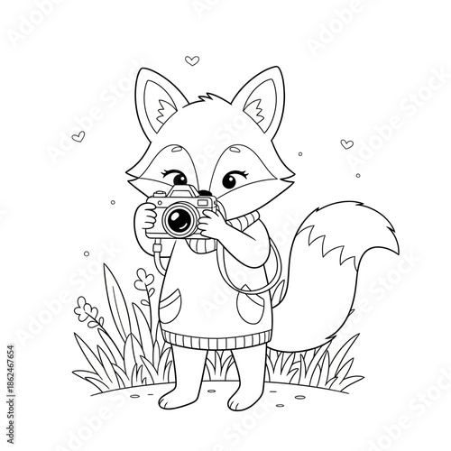 Cute cartoon fox holding a camera, ready to take a picture.
