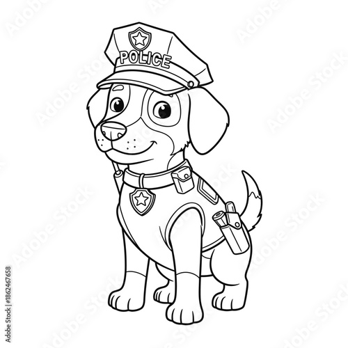 Cute Cartoon Police Dog Coloring Page for Kids.