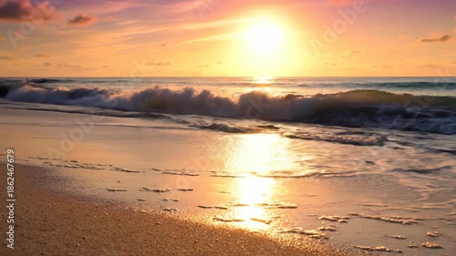Serene Beach Sunset - Golden Hour Waves and Tranquil Shoreline.