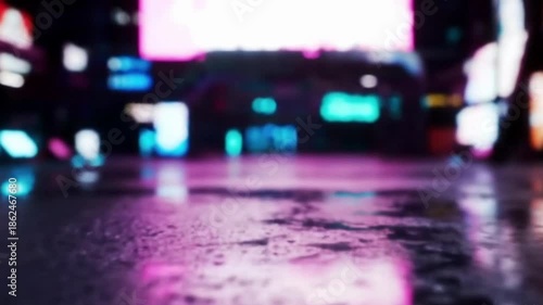 A wet city street reflects colorful neon lights on a rainy night with 1230 scene.