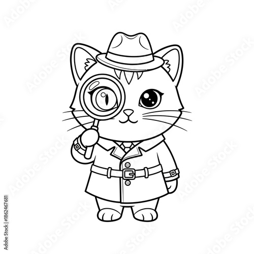 Cute Detective Cat with Magnifying Glass Coloring Page.
