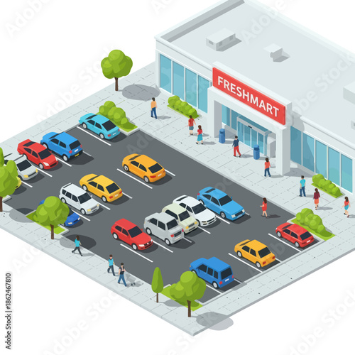Isometric View of Supermarket Parking Lot Scene.